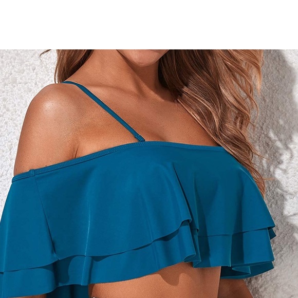 NWT TEMPT ME Teal Turquoise Ruffle Flounce Off Shoulder Swim Bikini Top Size XXL - Picture 3 of 11